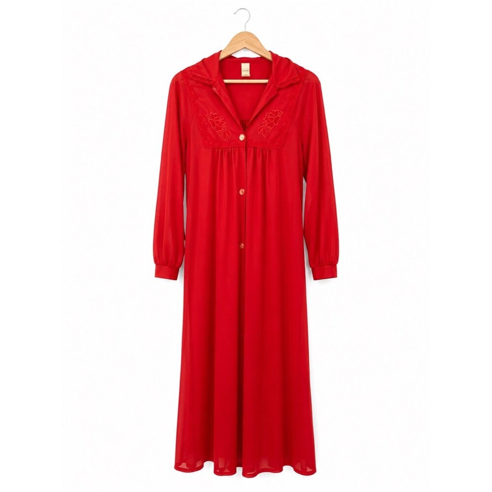 Vintage Montgomery Ward Red Nylon Housecoat Robe Maxi Lounge Gown Size Small